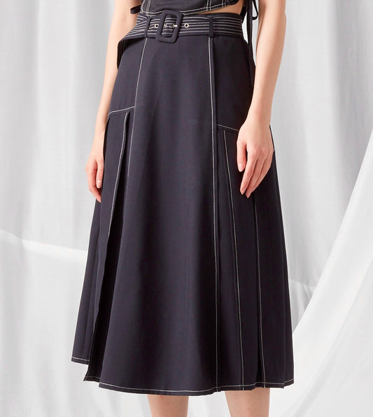 Belted Contrast Stitch Maxi Skirt - NAVY BLUE